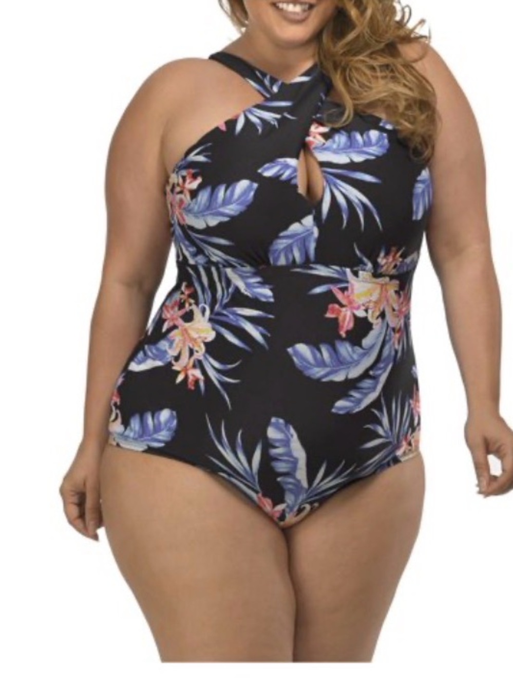 Plus-Size  18w 20w Black Floral Cross-Neck One-Piece Swimsuit lysa nwot